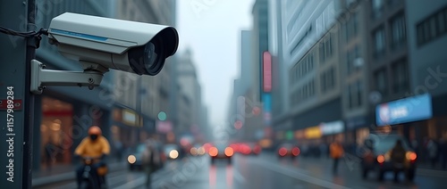 The image shows a surveillance camera mounted on a pole, monitoring a busy city street with traffic and buildings in the background. facial recognition technology in action.