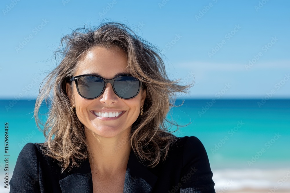 A confident woman wearing sunglasses and a black outfit poses by the beach, showcasing modern style and elegance under clear blue skies. A confident woman wearing sunglasses and a black outfit poses by the beach, showcasing modern style and elegance under clear blue skies.