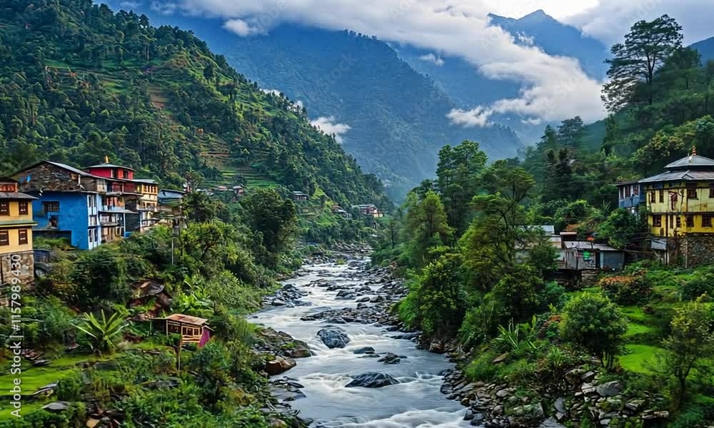 Scenic river flowing through lush mountains and villages. Scenic river flowing through lush mountains and villages.