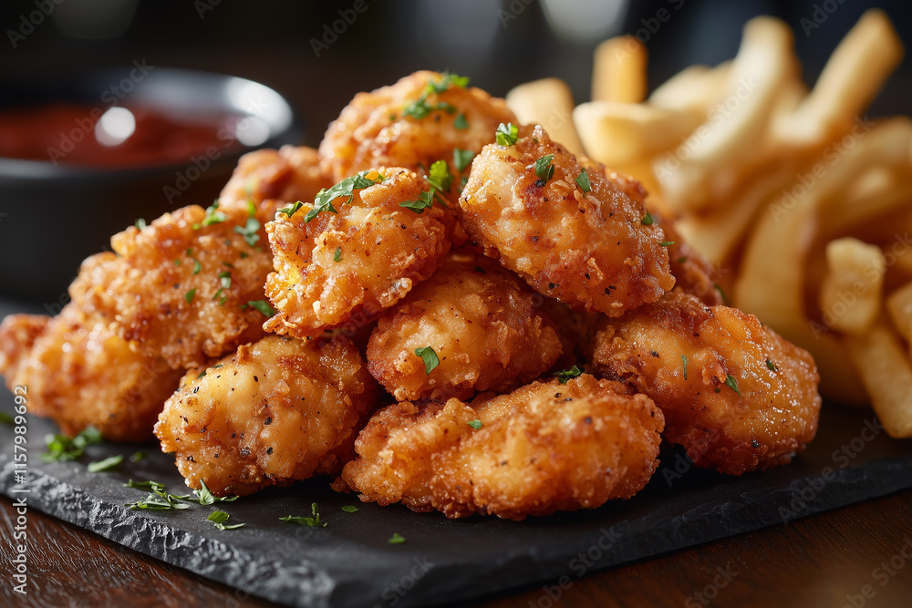Chicken nuggets, french fries and ketchup on platter. Chicken nuggets, french fries and ketchup on platter.