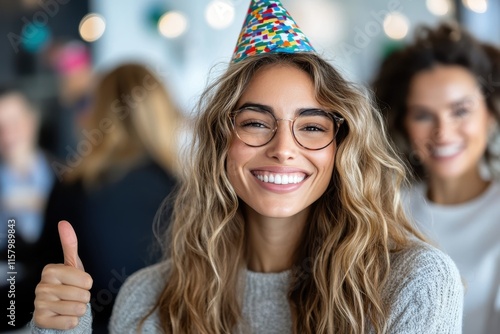 A joyful woman with wavy hair wearing a colorful party hat and glasses, giving a thumbs-up gesture, conveying celebration and happiness at an event. photo