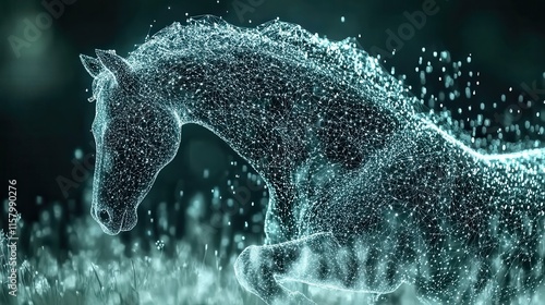 A lifelike horse image created with network-like points and lines, symbolizing speed and grace in digital abstract artistry within a virtual environment. photo