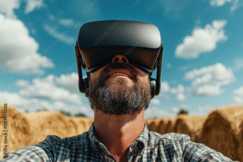 A man with a beard and VR headset stands outdoors among hay bales, embodying the combination of digital immersion and pastoral serenity under a clear sky. A man with a beard and VR headset stands outdoors among hay bales, embodying the combination of digital immersion and pastoral serenity under a clear sky.