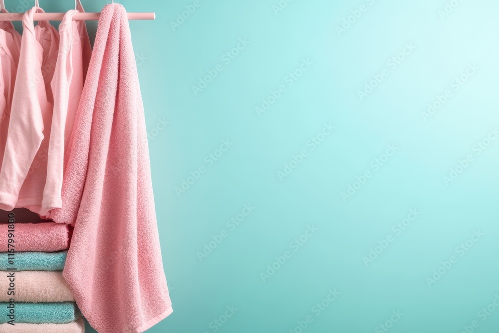 A soft and serene arrangement of pastel pink towels and clothing hanging against a calming mint-colored wall, creating a soothing and organized atmosphere. A soft and serene arrangement of pastel pink towels and clothing hanging against a calming mint-colored wall, creating a soothing and organized atmosphere.