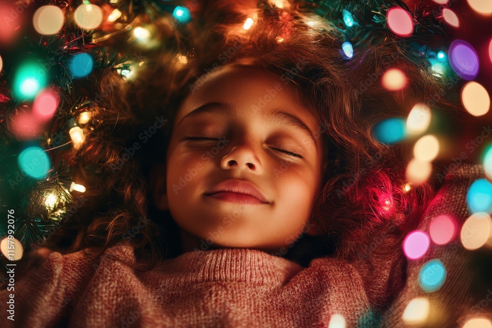 A child peacefully sleeps surrounded by vivid, twinkling Christmas lights, capturing the warmth and charm of festive dreams and holiday tranquility in a colorful embrace. A child peacefully sleeps surrounded by vivid, twinkling Christmas lights, capturing the warmth and charm of festive dreams and holiday tranquility in a colorful embrace.