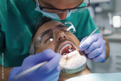An adult patient with a beard and braces is having a dental examination by a dentist in a modern clinic, emphasizing dental care and oral hygiene importance.