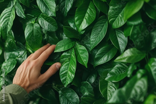 A peaceful hand grazes the surface of lush green leaves, illustrating the harmonious connection between human touch and the natural world’s vibrancy.
