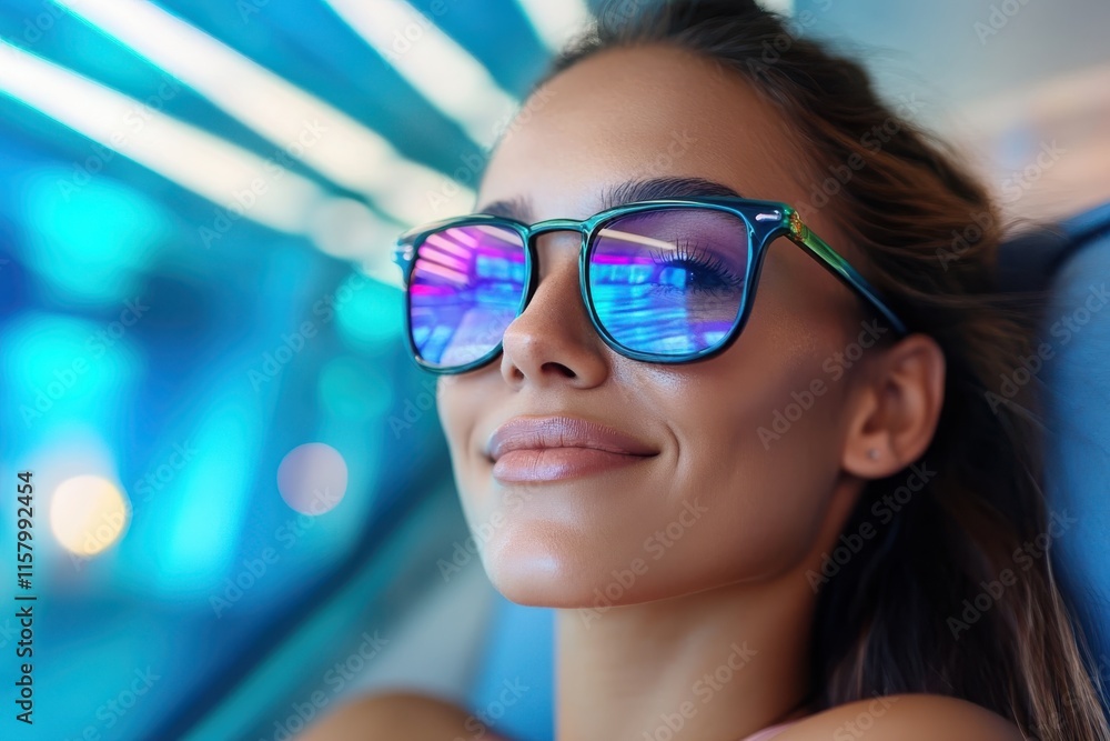 A serene expression graces a woman reclining under neon lights, reflecting vivid hues in her sunglasses, creating a calm yet vibrant setting filled with color. A serene expression graces a woman reclining under neon lights, reflecting vivid hues in her sunglasses, creating a calm yet vibrant setting filled with color.