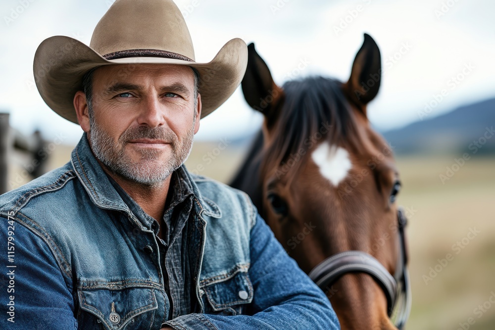 A cowboy in a classic cowboy hat stands confidently next to his horse amidst a serene landscape, embodying strength and connection between man and nature. A cowboy in a classic cowboy hat stands confidently next to his horse amidst a serene landscape, embodying strength and connection between man and nature.