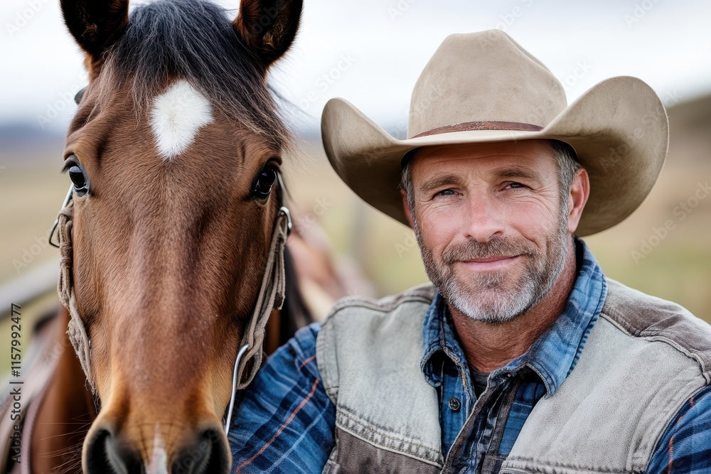 A cowboy, wearing a beige hat, smiles warmly beside his horse against a peaceful outdoor backdrop, portraying companionship and tranquility in a rustic setting. A cowboy, wearing a beige hat, smiles warmly beside his horse against a peaceful outdoor backdrop, portraying companionship and tranquility in a rustic setting.