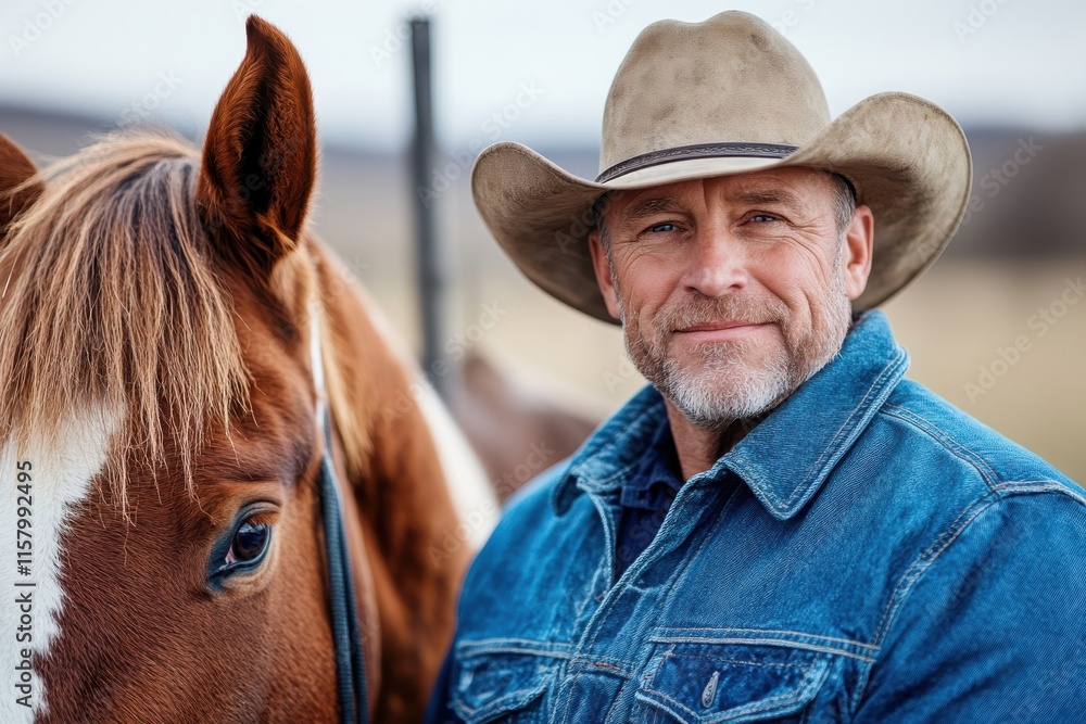 A seasoned cowboy, with a gentle smile, stands alongside his beloved horse on a quiet ranch surrounded by nature, celebrating the simple life of peace and wisdom.