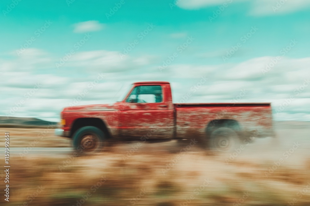 Obraz premium A classic red truck charges through an open field, its dusty exterior contrasting dramatically with the clear, open sky, evoking nostalgia and adventure.
