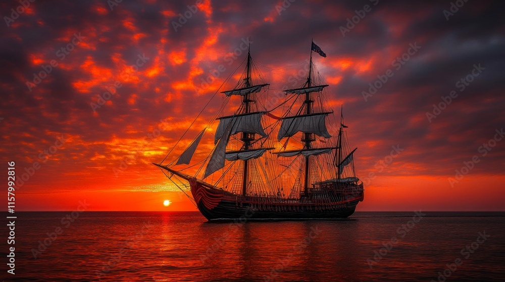 Obraz premium A Viking ship sails into the fiery embrace of the sunset, the vivid colors of the sky painting the scene with intense reds and oranges as the ship navigates the open sea.