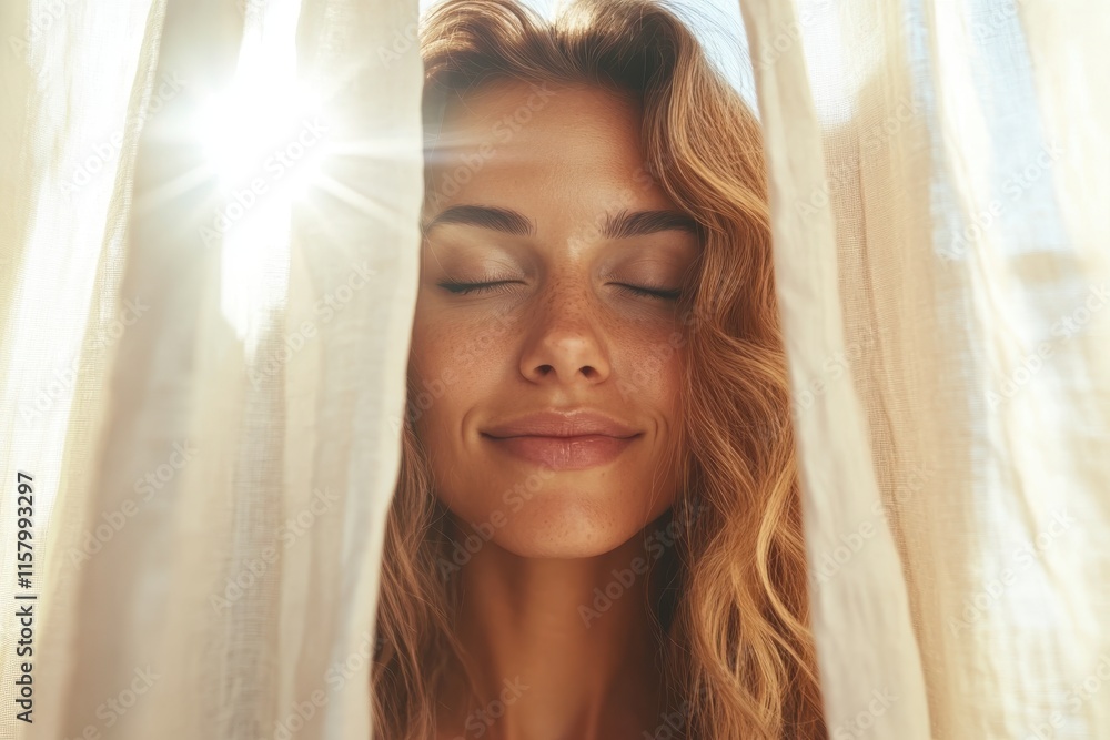 A blissful woman with closed eyes basks in the warm sunlight streaming through delicate curtains, embodying peace, serenity, and self-reflective moments. A blissful woman with closed eyes basks in the warm sunlight streaming through delicate curtains, embodying peace, serenity, and self-reflective moments.