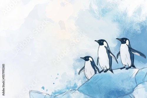 Playful penguins enjoy their time on floating icebergs in a serene, icy landscape with plenty of space for text. Generative AI photo