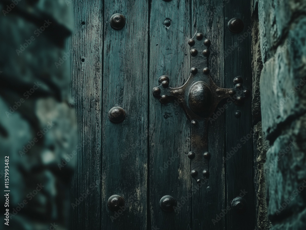 Medieval Wooden Door with Cross-Shaped Metal Ornament Medieval Wooden Door with Cross-Shaped Metal Ornament