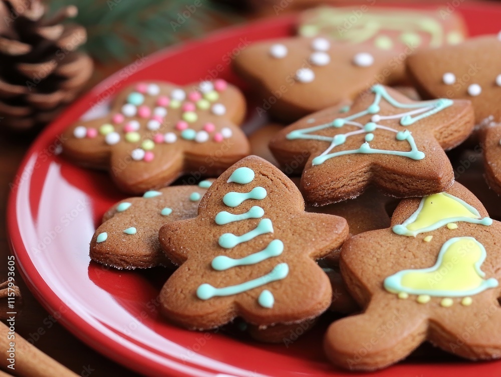 Festive gingerbread cookies with colorful icing on a red plate. Festive gingerbread cookies with colorful icing on a red plate.