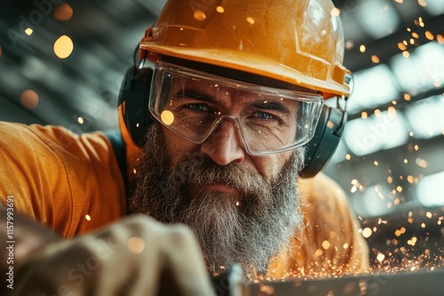 An experienced artisan intensely focuses on precision while working with wood, accompanied by sparks, wearing safety gear in a vibrant and skillful workshop setting. photo