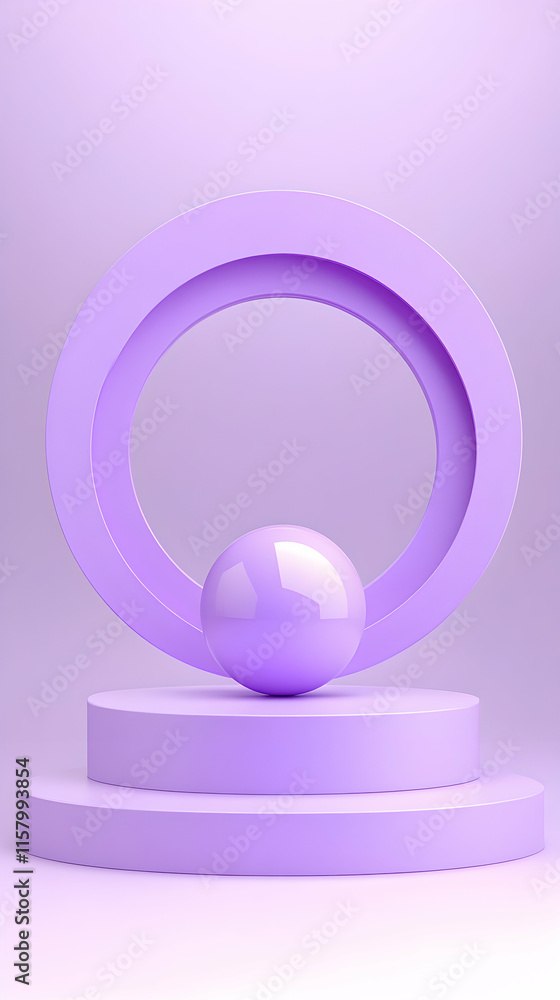 Lavender Geometric Forms, Sphere on Platform within Circular Frame, Elegant Minimalist Design Lavender Geometric Forms, Sphere on Platform within Circular Frame, Elegant Minimalist Design