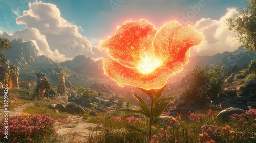 A lone glowing flower blooms in a desolate landscape, its soft, radiant glow the only sign of life in the otherwise empty, bleak terrain, evoking a sense of beauty and solitude. photo