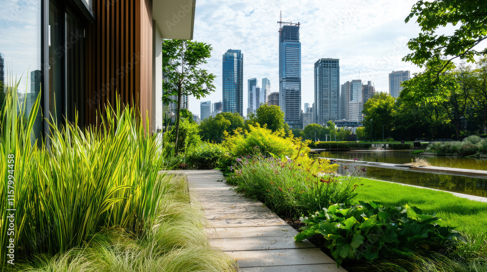 serene urban landscape featuring greenery and modern architecture serene urban landscape featuring greenery and modern architecture