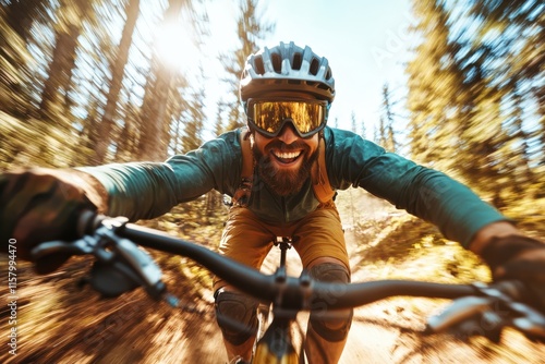 A solo mountain biker wearing safety gear enjoys a thrilling ride through a dense forest, embodying freedom and excitement in the midst of lush natural surroundings. photo