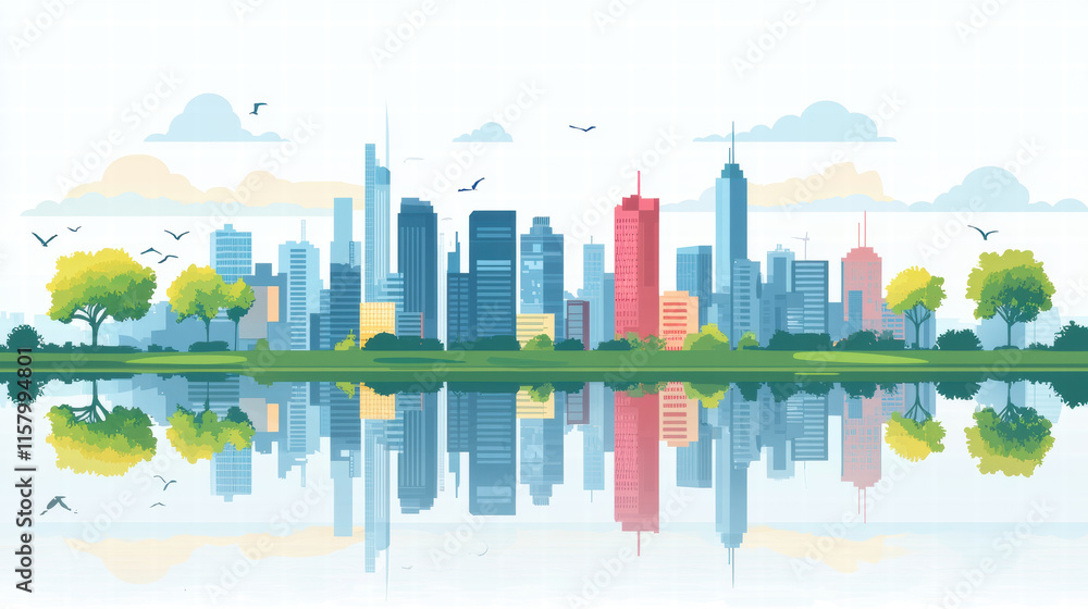 Fototapeta premium vibrant urban skyline reflecting on calm water, showcasing nature