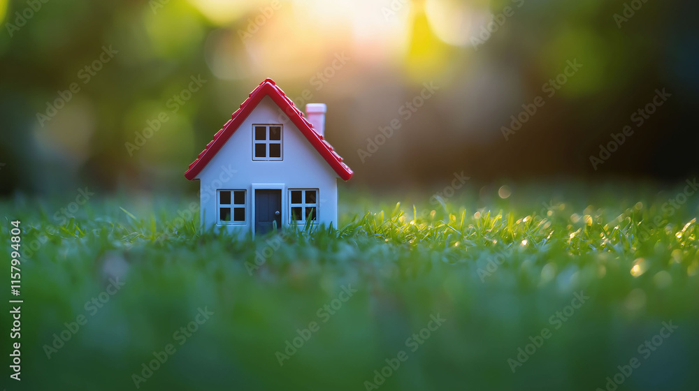 White miniature toy house with red roof, on grass, real estate concept White miniature toy house with red roof, on grass, real estate concept