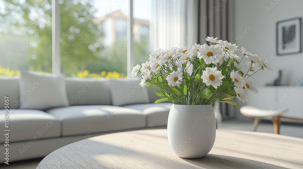Vase with white flowers in living room, minimalist home background with blurred big windows Vase with white flowers in living room, minimalist home background with blurred big windows