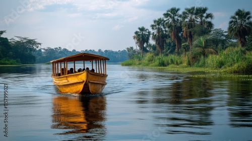 a boat shuttles visitors from islands on the nile river in jinja uganda