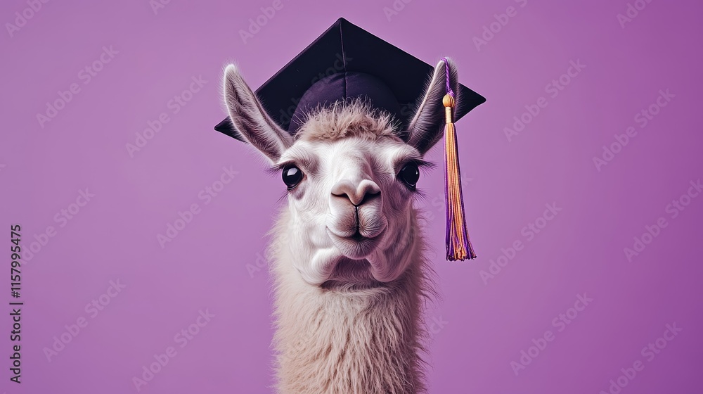 Obraz premium Funny Llama Graduate: Cute Animal in Cap on Pastel Purple Background, Quirky Graduation Concept