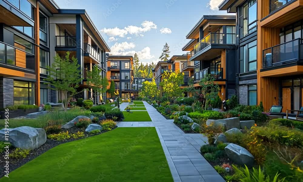 Modern apartment complex with landscaped walkway.
