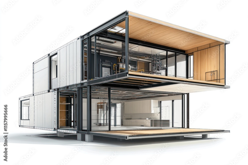 Exploded view of a modern two-story shipping container home. Exploded view of a modern two-story shipping container home.