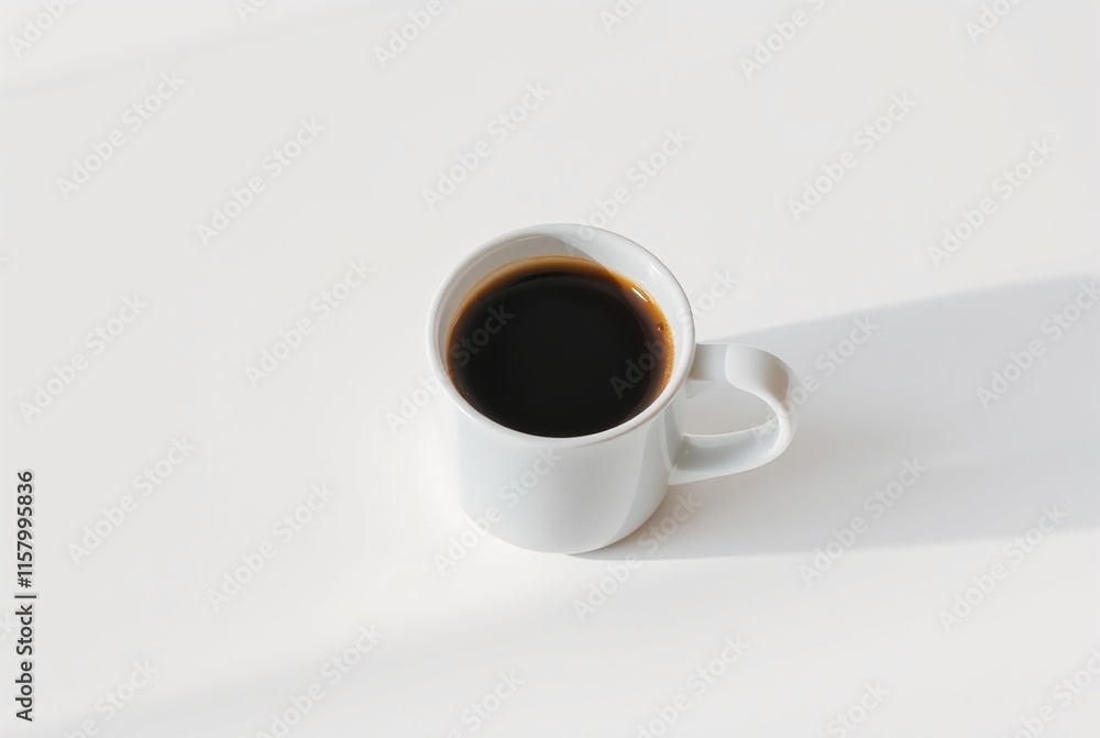 Top View of a White Coffee Mug Filled with Black Coffee on a Light Background Top View of a White Coffee Mug Filled with Black Coffee on a Light Background