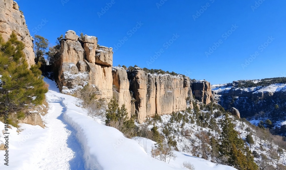 Snow-covered path leading to rocky cliffs under a clear blue sky.