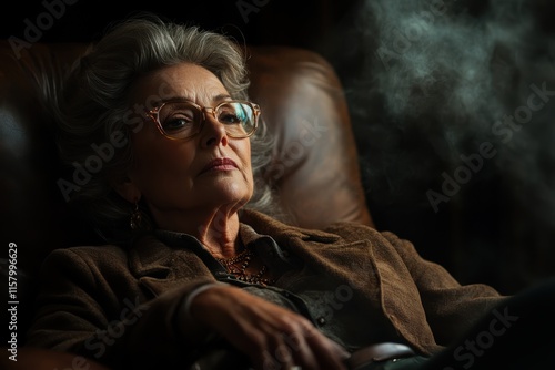 A poised older woman in glasses relaxes on a leather chair, surrounded by swirling smoke, exuding an air of tranquil sophistication and mysterious allure. photo