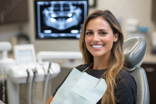 Wallpaper Mural A young woman smiles confidently while sitting in a dental chair, with dental instruments and a bright, clear X-ray visible in the background. Torontodigital.ca