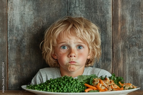 A young child with curly blonde hair looks into the camera with a comically displeased expression, placed before a plentiful plate of green peas and vegetables. photo