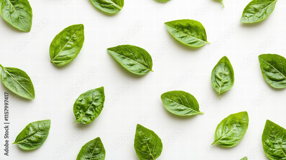 Fresh green basil leaves arranged light background, showcasing their vibrant color and texture Fresh green basil leaves arranged light background, showcasing their vibrant color and texture