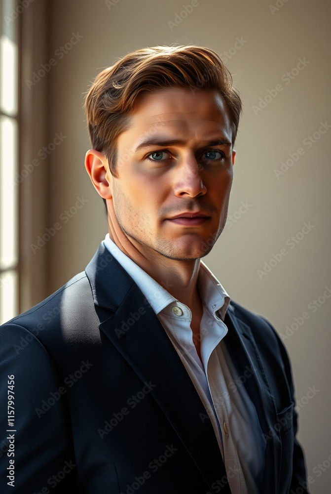Portrait of a Confident Young Man in Formal Attire with Soft Natural Light Portrait of a Confident Young Man in Formal Attire with Soft Natural Light