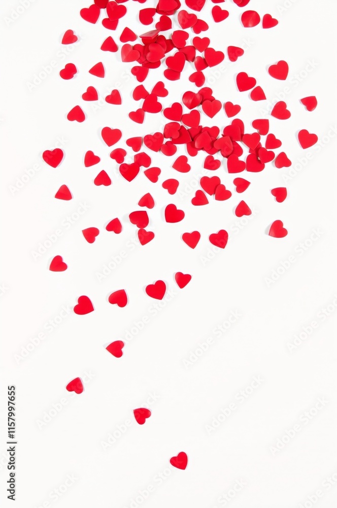 Scattered Red Heart Confetti on White Background for Romantic Decorations Scattered Red Heart Confetti on White Background for Romantic Decorations