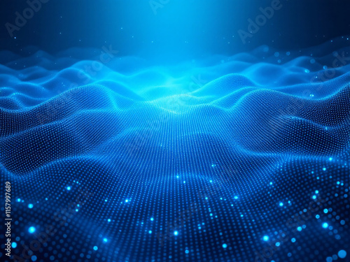 Abstract digital background, glowing blue particles, futuristic technology, neon light grid.