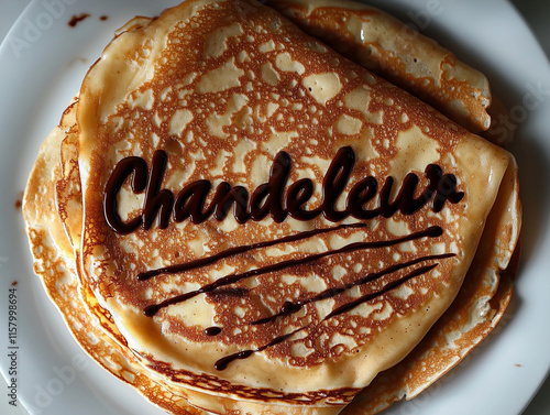 Les crêpes pour la chandeleur : photographie d'une pile de crêpes avec sauce chocolat et le mot 