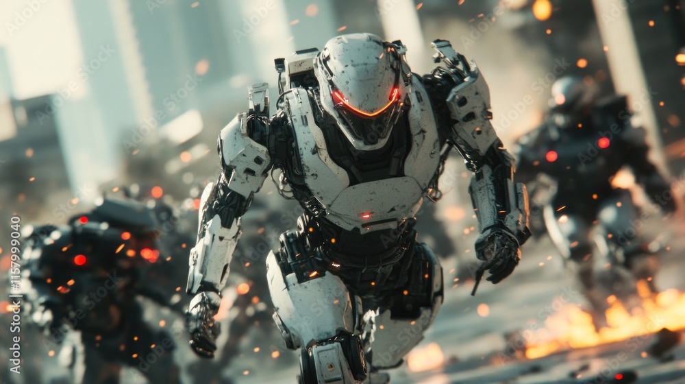 Futuristic robot army charging through a war-torn city. Futuristic robot army charging through a war-torn city.
