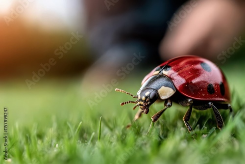 A close-up image of a ladybug surrounded by vibrant green grass, showing its shiny red shell and black spots as it explores the lush garden environment. photo