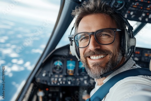 A smiling pilot takes a candid selfie in the cockpit, surrounded by state-of-the-art flight instruments, blue skies, and an atmosphere of calm and focus. photo