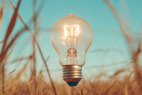 A decorative light bulb positioned in a golden field, representing innovation against nature's backdrop, with vibrant blue sky for dramatic contrast. photo