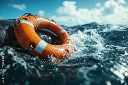 An orange lifebuoy is securely attached to a black boat, gently floating amidst the wavy ocean under a bright sky, portraying safety and adventure. photo