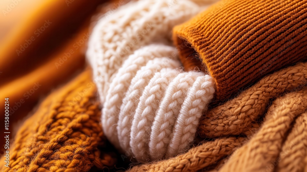 A close-up of cozy wool scarves and knitted gloves displayed in warm tones A close-up of cozy wool scarves and knitted gloves displayed in warm tones