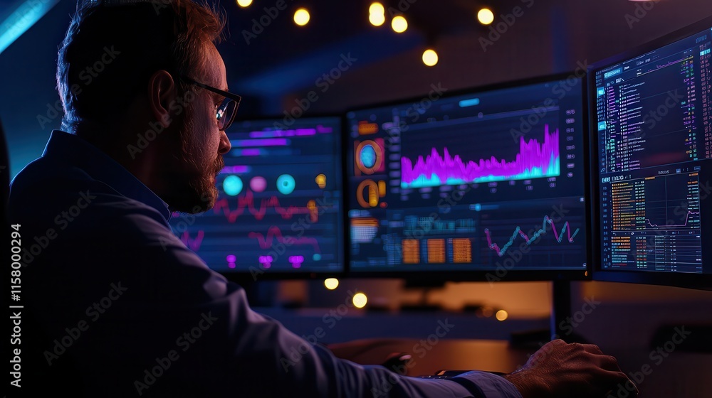 A professional analyzing colorful financial charts on a dual-monitor desk setup A professional analyzing colorful financial charts on a dual-monitor desk setup